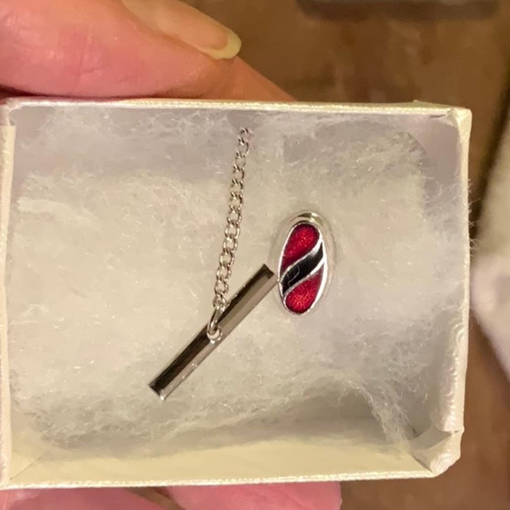Sarah Coventry 1968 Regimental Tie Tac Silver Toned Metal Red and Black Enamel